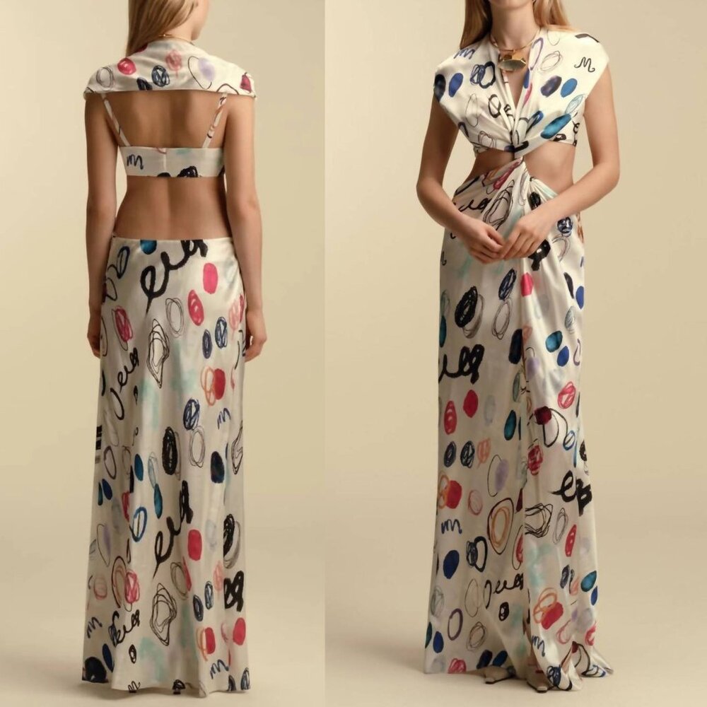 NWT Marina Moscone Off-Shoulder Twist Dress in Dot Print Size 6 High Slit‎ Maxi